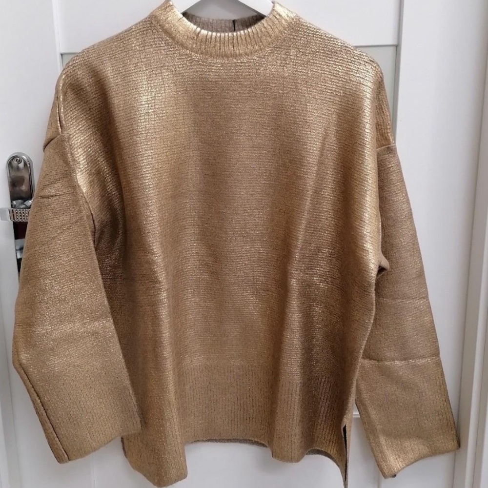 SOLD Zara foil knit gold metallic sweater size medium oversized - Picture 8 of 16